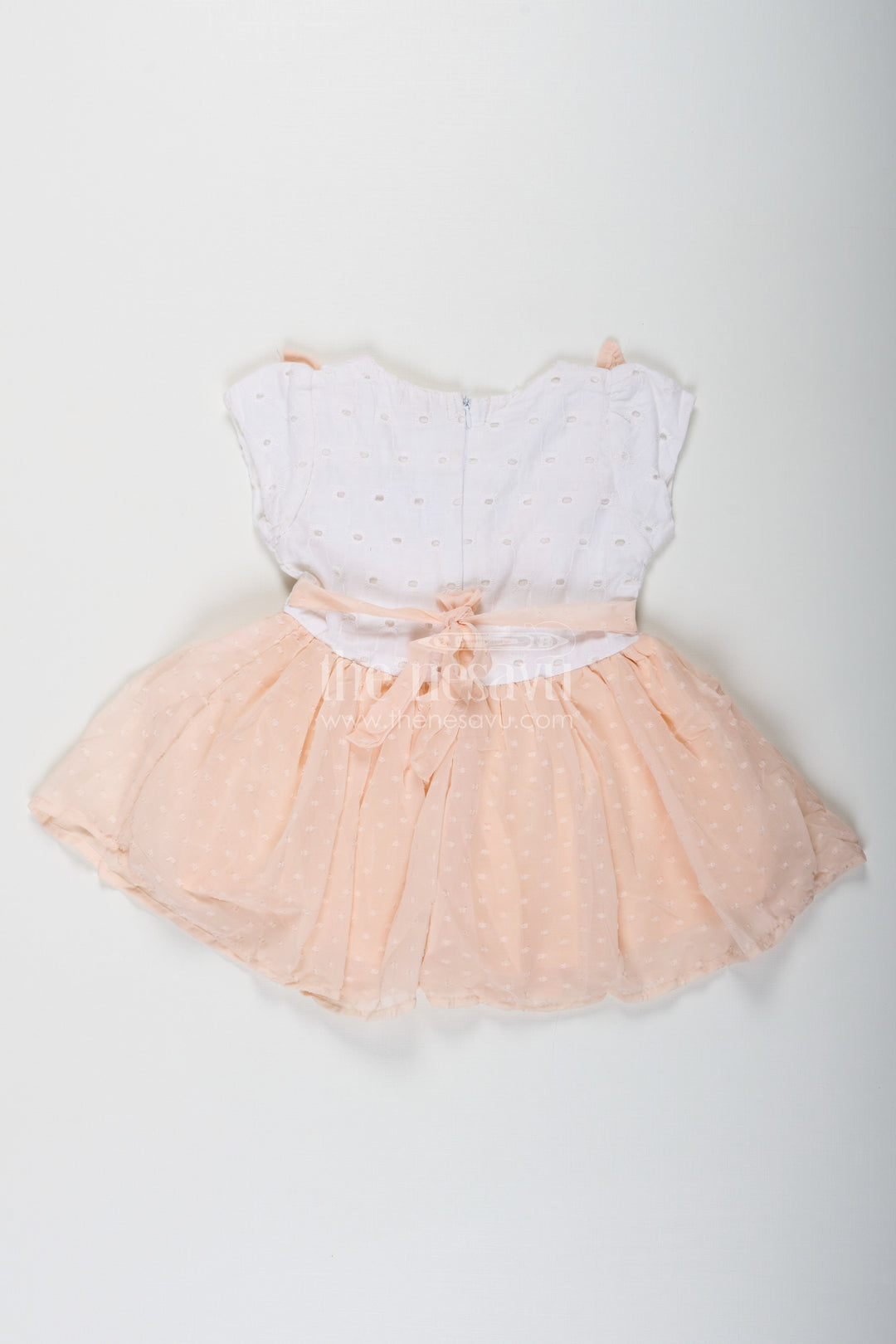The Nesavu Baby Fancy Frock Frock Suit for Wedding in Soft Peach with Hakoba Lace Yoke and Designer Georgette Bottom for Baby Girls Nesavu Nesavu Frock Suit Wedding Hakoba Lace Yoke Peach Georgette Flare Baby Girls