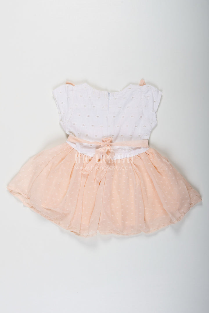 The Nesavu Baby Fancy Frock Frock Suit for Wedding in Soft Peach with Hakoba Lace Yoke and Designer Georgette Bottom for Baby Girls Nesavu Nesavu Frock Suit Wedding Hakoba Lace Yoke Peach Georgette Flare Baby Girls