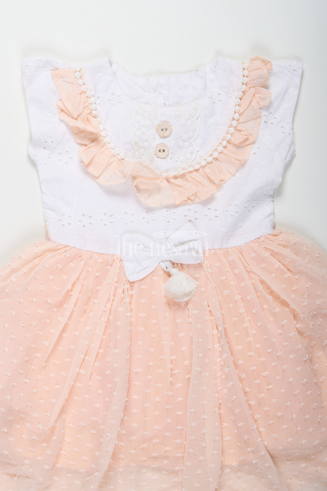 The Nesavu Baby Fancy Frock Frock Suit for Wedding in Soft Peach with Hakoba Lace Yoke and Designer Georgette Bottom for Baby Girls Nesavu Nesavu Frock Suit Wedding Hakoba Lace Yoke Peach Georgette Flare Baby Girls