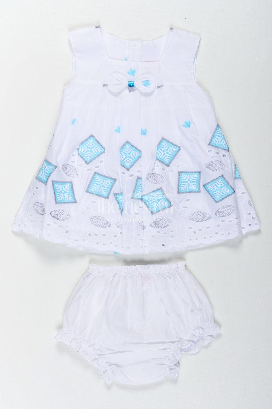 The Nesavu Baby Cotton Frocks Frock Suit Readymade in White Cotton with Blue Embroidery and Decorative Cutwork Hem Nesavu 12 (3M) / White BFJ794A-12 Nesavu Frock Suit Readymade White Cotton Blue Embroidery Cutwork Hem