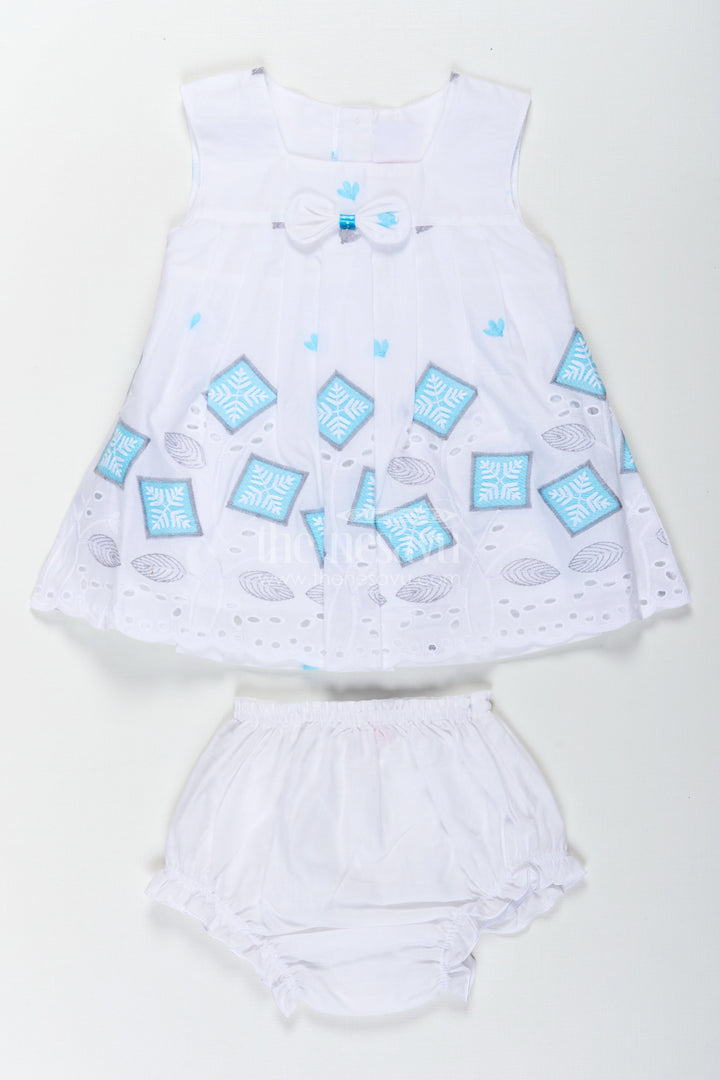 The Nesavu Baby Cotton Frocks Frock Suit Readymade in White Cotton with Blue Embroidery and Decorative Cutwork Hem Nesavu 12 (3M) / White BFJ794A-12 Nesavu Frock Suit Readymade White Cotton Blue Embroidery Cutwork Hem