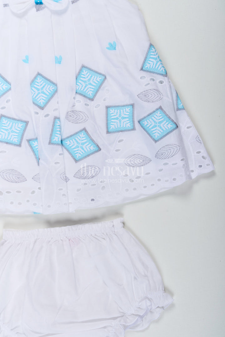 The Nesavu Baby Cotton Frocks Frock Suit Readymade in White Cotton with Blue Embroidery and Decorative Cutwork Hem Nesavu Nesavu Frock Suit Readymade White Cotton Blue Embroidery Cutwork Hem