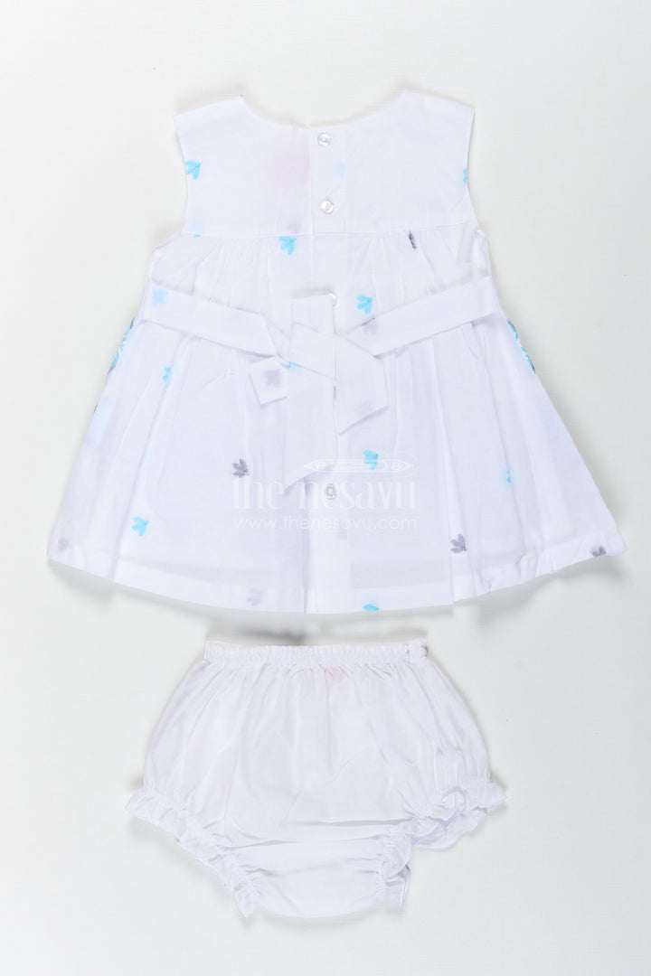 The Nesavu Baby Cotton Frocks Frock Suit Readymade in White Cotton with Blue Embroidery and Decorative Cutwork Hem Nesavu Nesavu Frock Suit Readymade White Cotton Blue Embroidery Cutwork Hem