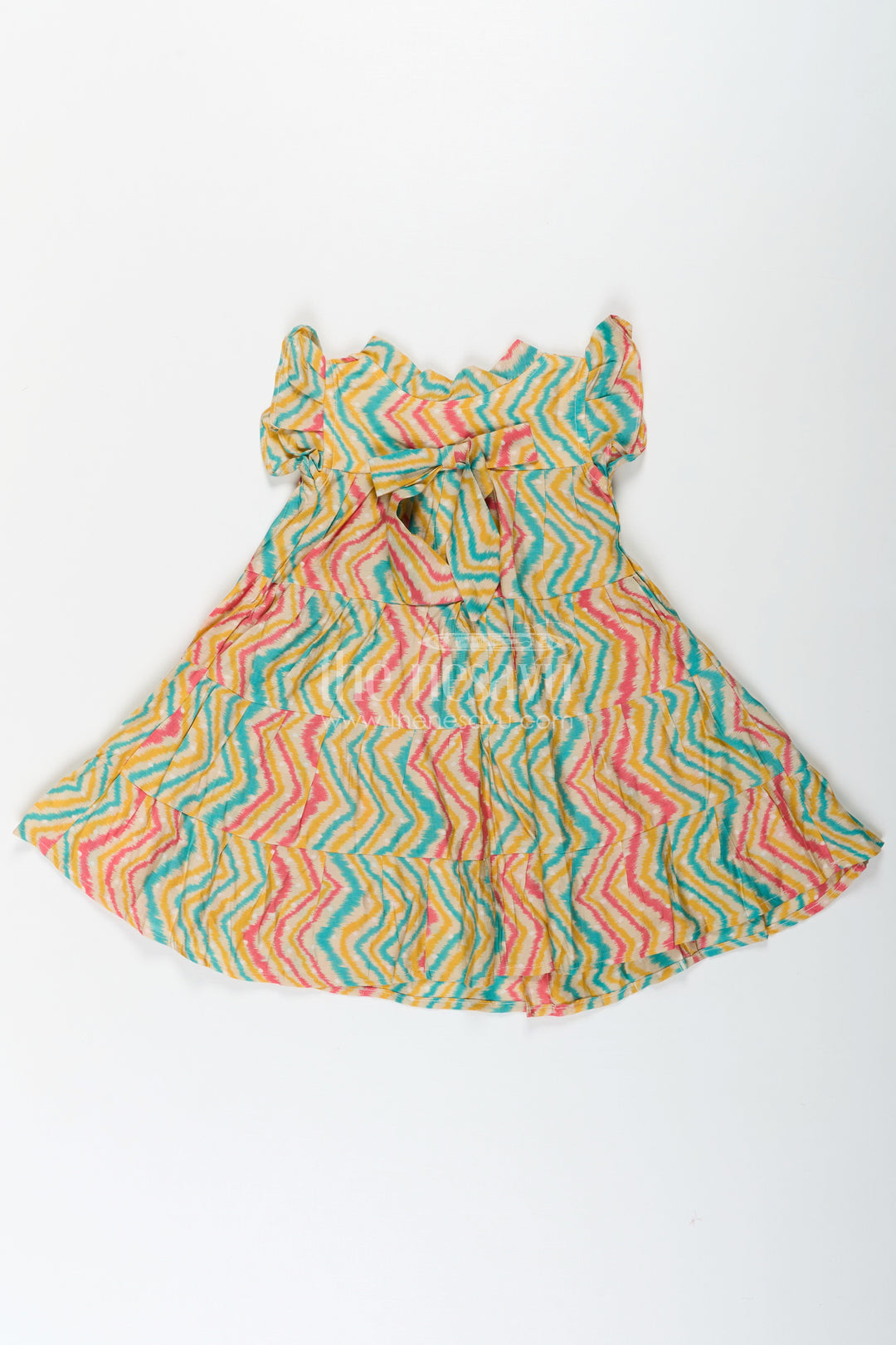 The Nesavu Girls Cotton Frock Frocks Kidswear in Modal Silk with Multicolor Zigzag Digital Print and Tiered Design for Girls Nesavu Nesavu Frocks Kidswear Girls Modal Silk Multicolor Zigzag Digital Print Tiered Flair