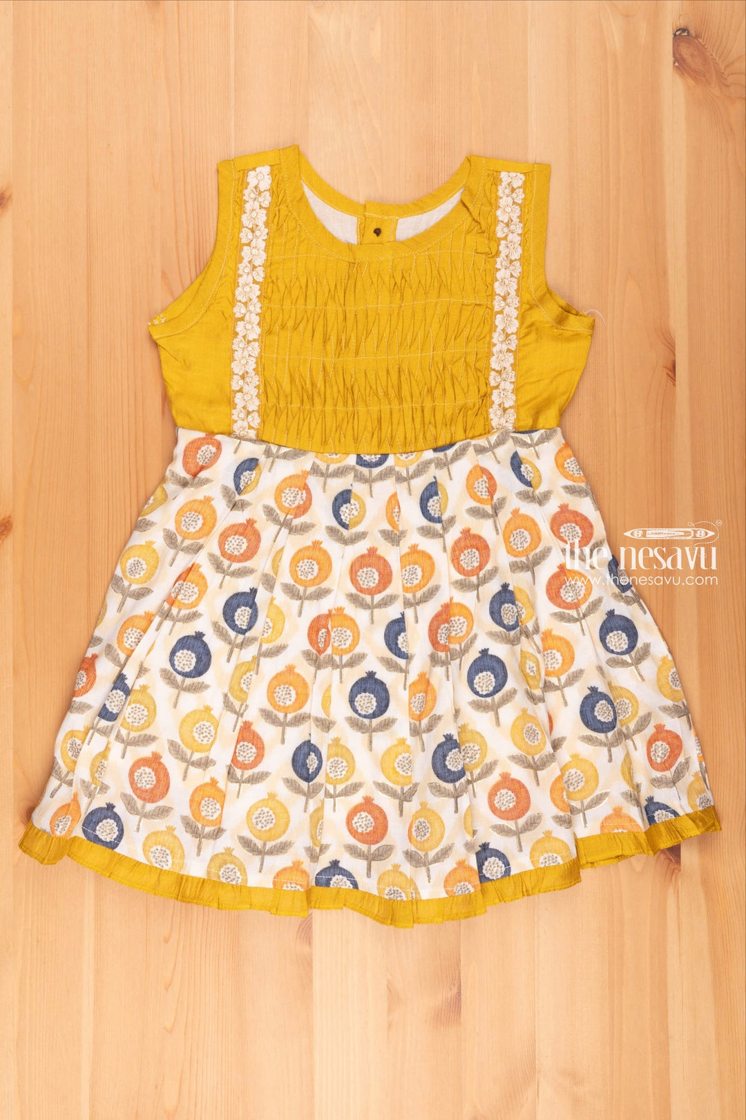 The Nesavu Girls Fancy Frock Fruit Foil Fantasy: Sleeveless Cotton Frock with Yellow Yoke for Girls Nesavu 16 (1Y) / Yellow / Cotton Blend GFC1138A-16 Cotton Casual Frocks | Cotton Frock for Girls | the Nesavu