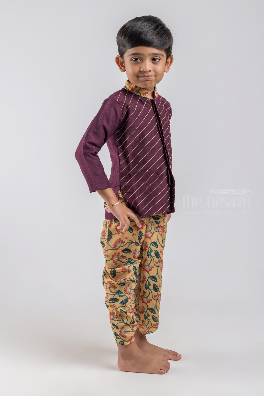 The Nesavu Boys Dothi Set Full Front Stripes Embroidered Brown Silk Cotton Kurta with Floral Printed Dhoti for Boys psr silks Nesavu