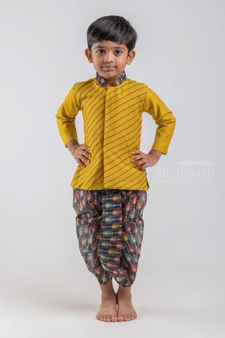 The Nesavu Boys Dothi Set Full Front Stripes Embroidered Yellow Silk Cotton Kurta with Abstract Printed Dhoti for Boys psr silks Nesavu 10 (NB) / Yellow / Silk Cotton BES355A