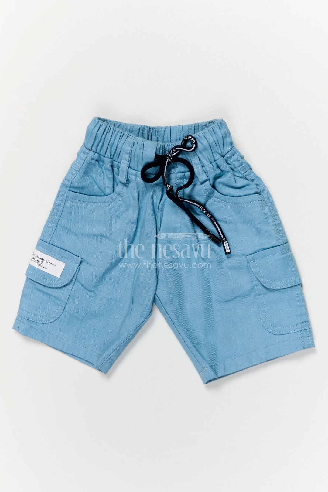 The Nesavu Boys Shorts Functional Cotton Boys Shorts with Twin Flap Pockets and Patch Detail Nesavu 14 (6M) / Blue / Cotton BWS069B-14 Boys cotton shorts with utility-style pockets and label detailing