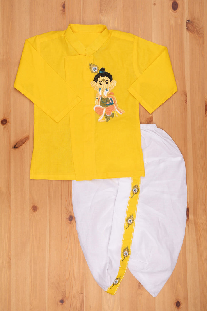 The Nesavu Boys Kurtha Set Ganapathy Glory: Full Sleeve Yellow & White Kurta & Pachakacham for Boys Nesavu 10 (NB) / Yellow BES357A-10 Ganesh Chathuthi Yellow Kurta | Festive wear for Boys | the Nesavu