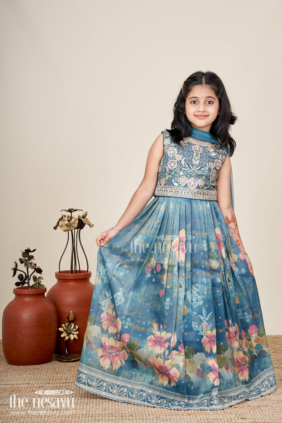 The Nesavu Girls Lehenga Choli Ganesh Chaturthi Lehenga Choli For Girls Floral Dupatta Set Nesavu 24 (5Y) / Blue GL728A-24 Nesavu Teal Floral Tissue Digital Lehenga Choli Girls Embroidery Dupatta Ganesh Chaturthi