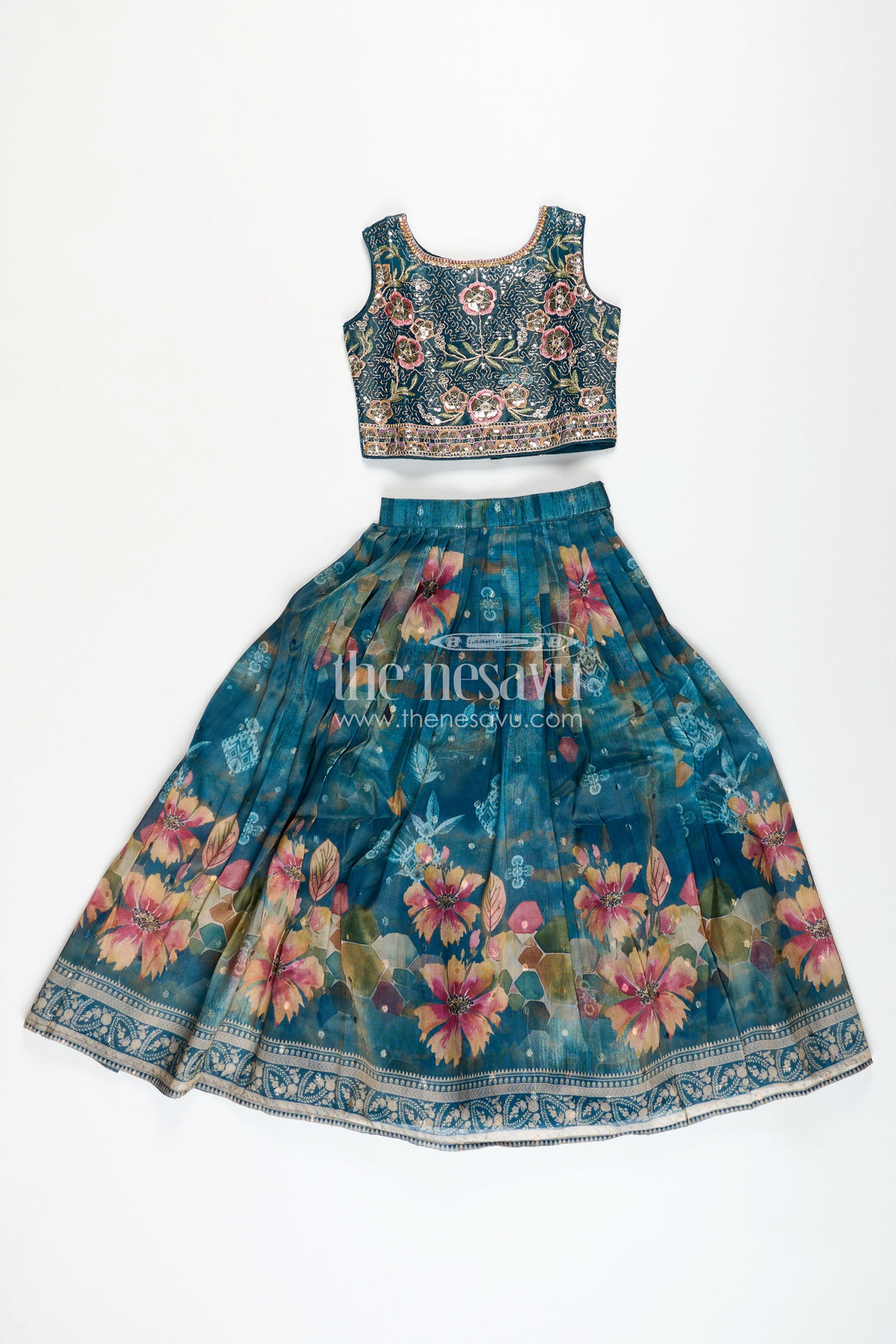 The Nesavu Girls Lehenga Choli Ganesh Chaturthi Lehenga Choli for Girls Floral Dupatta Set Nesavu Nesavu Teal Floral Tissue Digital Lehenga Choli Girls Embroidery Dupatta Ganesh Chaturthi