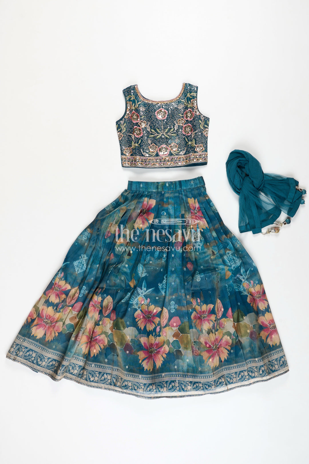 The Nesavu Girls Lehenga Choli Ganesh Chaturthi Lehenga Choli for Girls Floral Dupatta Set Nesavu Nesavu Teal Floral Tissue Digital Lehenga Choli Girls Embroidery Dupatta Ganesh Chaturthi