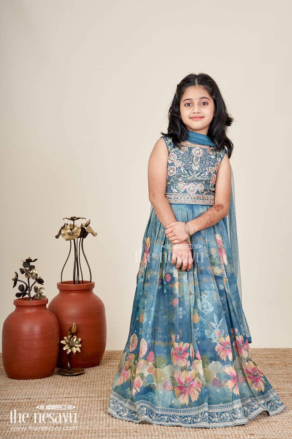 The Nesavu Girls Lehenga Choli Ganesh Chaturthi Lehenga Choli For Girls Floral Dupatta Set Nesavu Nesavu Teal Floral Tissue Digital Lehenga Choli Girls Embroidery Dupatta Ganesh Chaturthi