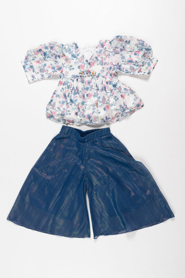 The Nesavu Girls Sharara / Plazo Set Garden Breeze: Whimsical Floral Peplum Top & Navy Culotte Ensemble for Girls Nesavu 18 (2Y) / Blue / Georgette GPS302B-18 Chic Floral Top & Navy Culottes Set | Spring/Summer Must-Have | The Nesavu