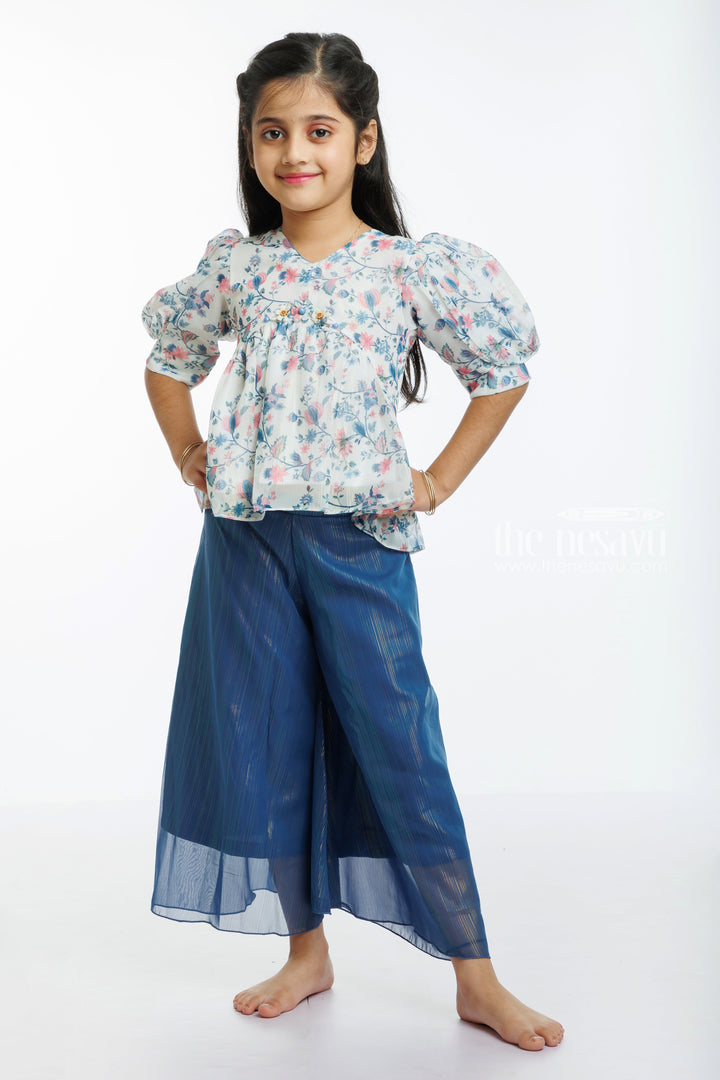 The Nesavu Girls Sharara / Plazo Set Garden Breeze: Whimsical Floral Peplum Top & Navy Culotte Ensemble for Girls Nesavu 18 (2Y) / Blue / Georgette GPS302B-18 Chic Floral Top & Navy Culottes Set | Spring/Summer Must-Have | The Nesavu