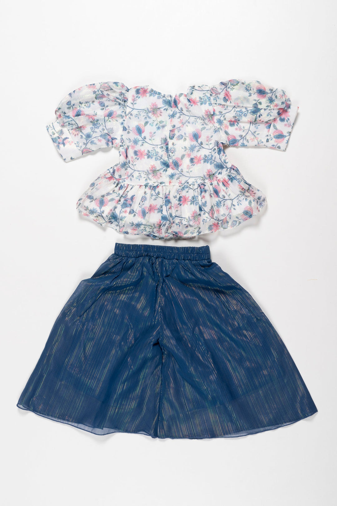 The Nesavu Girls Sharara / Plazo Set Garden Breeze: Whimsical Floral Peplum Top & Navy Culotte Ensemble for Girls Nesavu Chic Floral Top & Navy Culottes Set | Spring/Summer Must-Have | The Nesavu