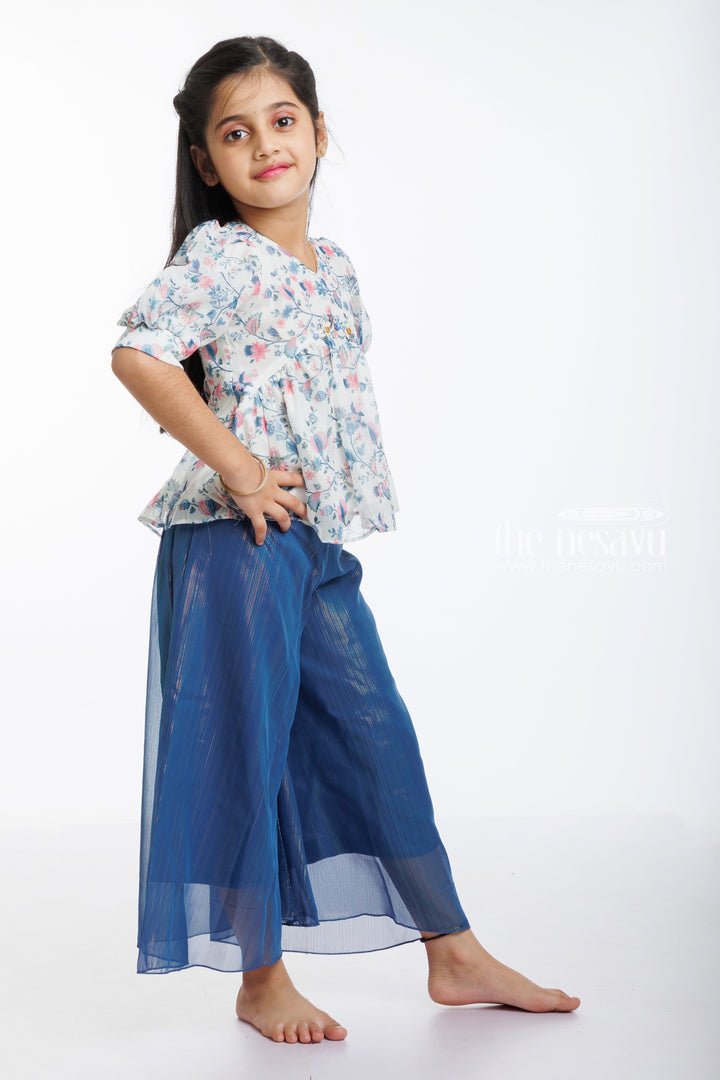 The Nesavu Girls Sharara / Plazo Set Garden Breeze: Whimsical Floral Peplum Top & Navy Culotte Ensemble for Girls Nesavu Chic Floral Top & Navy Culottes Set | Spring/Summer Must-Have | The Nesavu