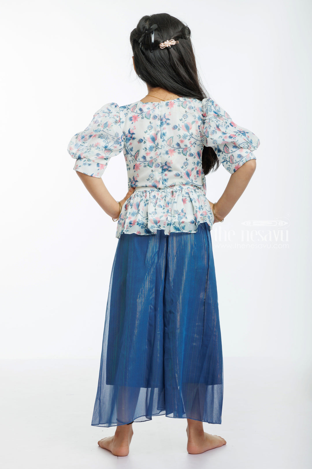 The Nesavu Girls Sharara / Plazo Set Garden Breeze: Whimsical Floral Peplum Top & Navy Culotte Ensemble for Girls Nesavu Chic Floral Top & Navy Culottes Set | Spring/Summer Must-Have | The Nesavu