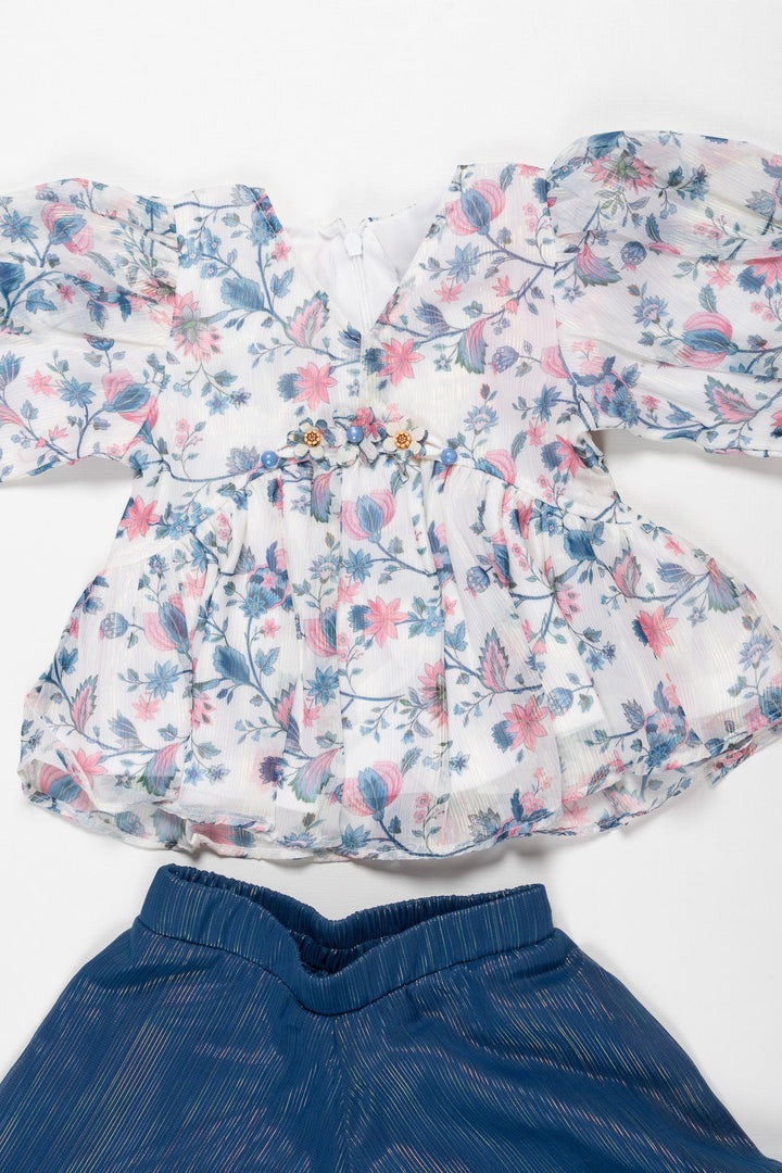 The Nesavu Girls Sharara / Plazo Set Garden Breeze: Whimsical Floral Peplum Top & Navy Culotte Ensemble for Girls Nesavu Chic Floral Top & Navy Culottes Set | Spring/Summer Must-Have | The Nesavu