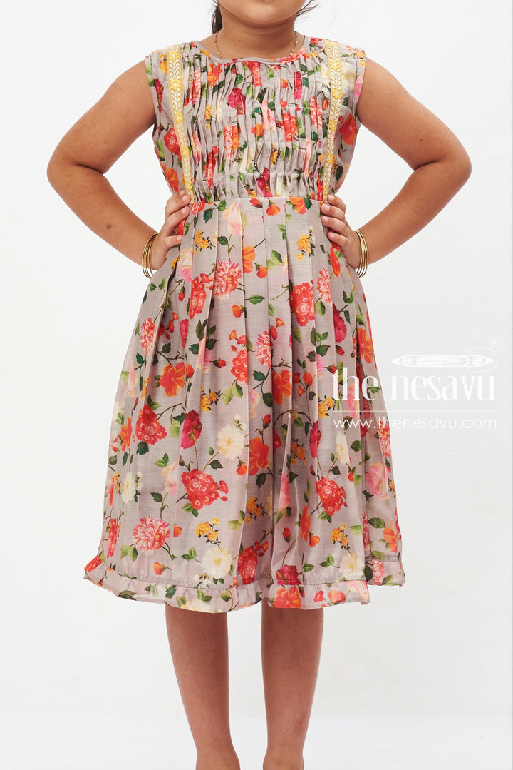 The Nesavu Girls Cotton Frock Garden Romance Floral Dress: Charming Sleeveless Frock with Vibrant Rose Print for Girls Nesavu Girls Grey Rose Print Dress | Summer Sleeveless Frock with Lace | Elegant Floral Party Wear | The Nesavu