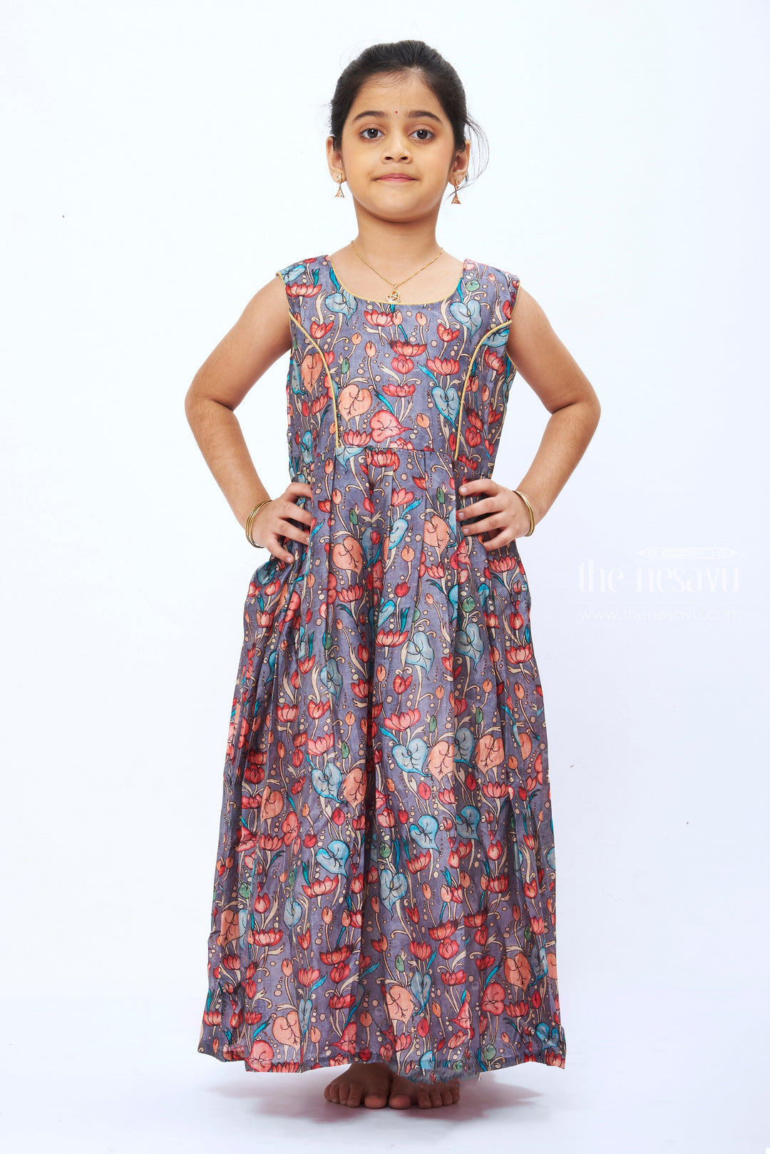 The Nesavu Girls Silk Gown Garden Whimsy: Coral Ensemble with Green Kalamkari Printed Anarkali Gown Nesavu Green Kalamkari Anarkali | Traditional Fusion Ensemble | The Nesavu