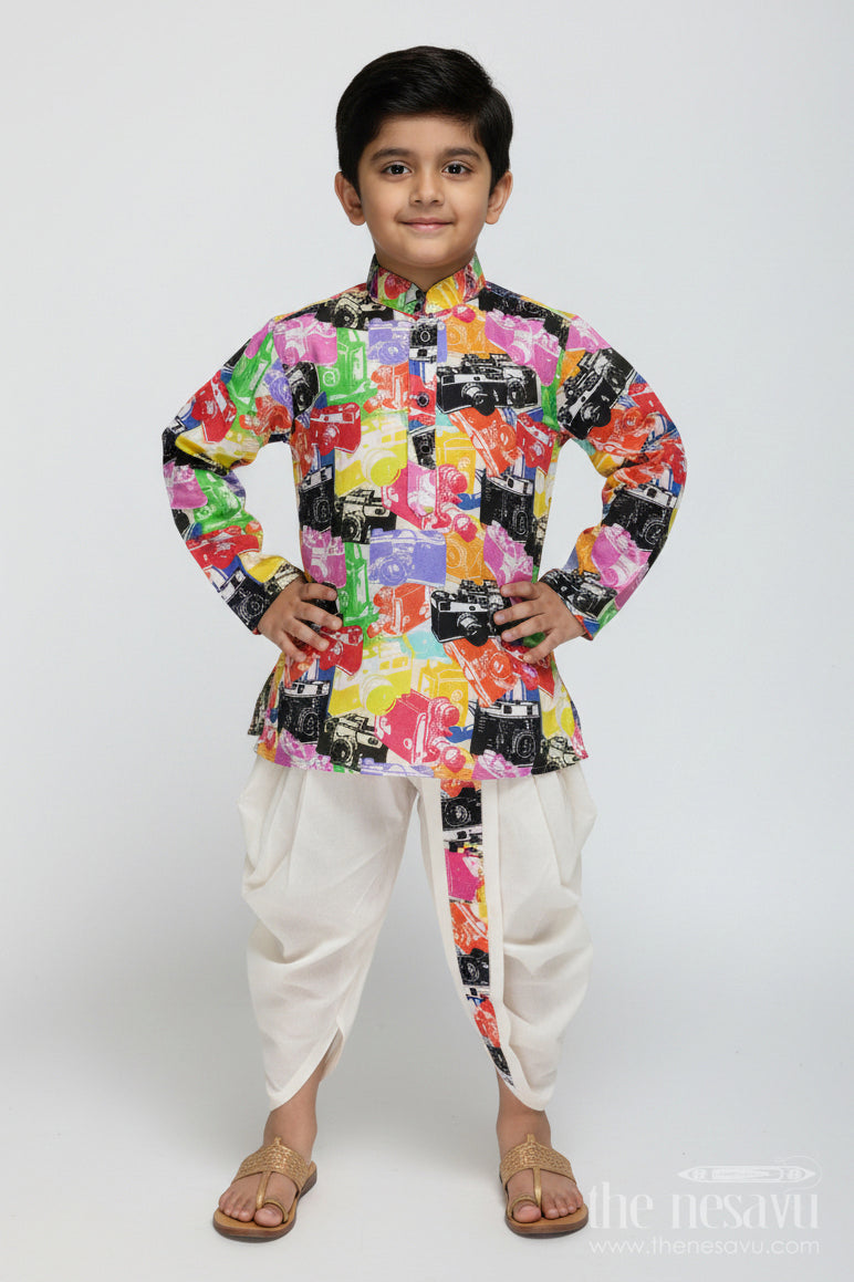 The Nesavu Boys Dothi Set Gentleman Print Dhoti Set for Boys Festive Kurta Outfit Nesavu 12 (3M) / Multicolor BES727A-12 Nesavu Boys Muslin Silk Dhoti Set Multicolor Retro Print Wedding Ceremonies