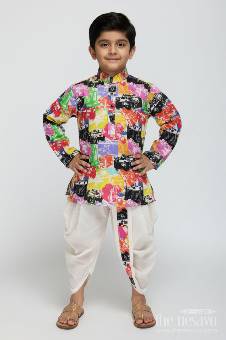 The Nesavu Boys Dothi Set Gentleman Print Dhoti Set for Boys Festive Kurta Outfit Nesavu 12 (3M) / Multicolor BES727A-12 Nesavu Boys Muslin Silk Dhoti Set Multicolor Retro Print Wedding Ceremonies