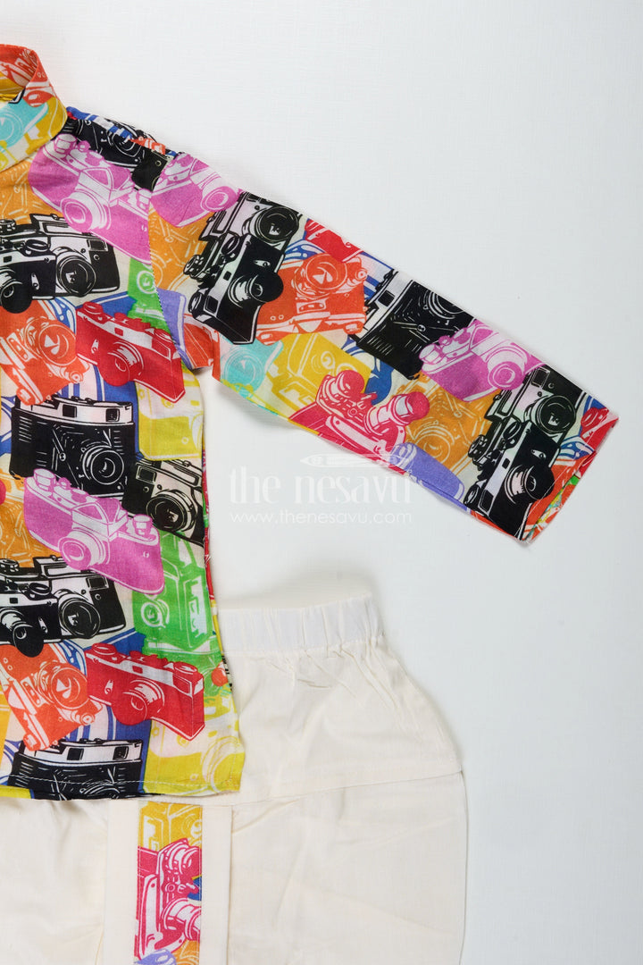 The Nesavu Boys Dothi Set Gentleman Print Dhoti Set for Boys Festive Kurta Outfit Nesavu Nesavu Boys Muslin Silk Dhoti Set Multicolor Retro Print Wedding Ceremonies