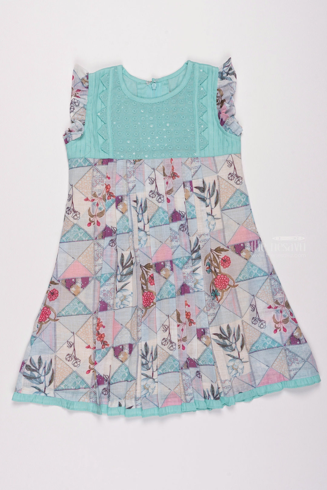 The Nesavu Girls Cotton Frock Geometric Gem: Knief Pleated Blue Cotton Frock for Girls Nesavu 22 (4Y) / Blue / Cotton GFC1146A-22 Chic & Comfortable: Shop Baby Girl Cotton Frocks and Casual Dresses | The Nesavu