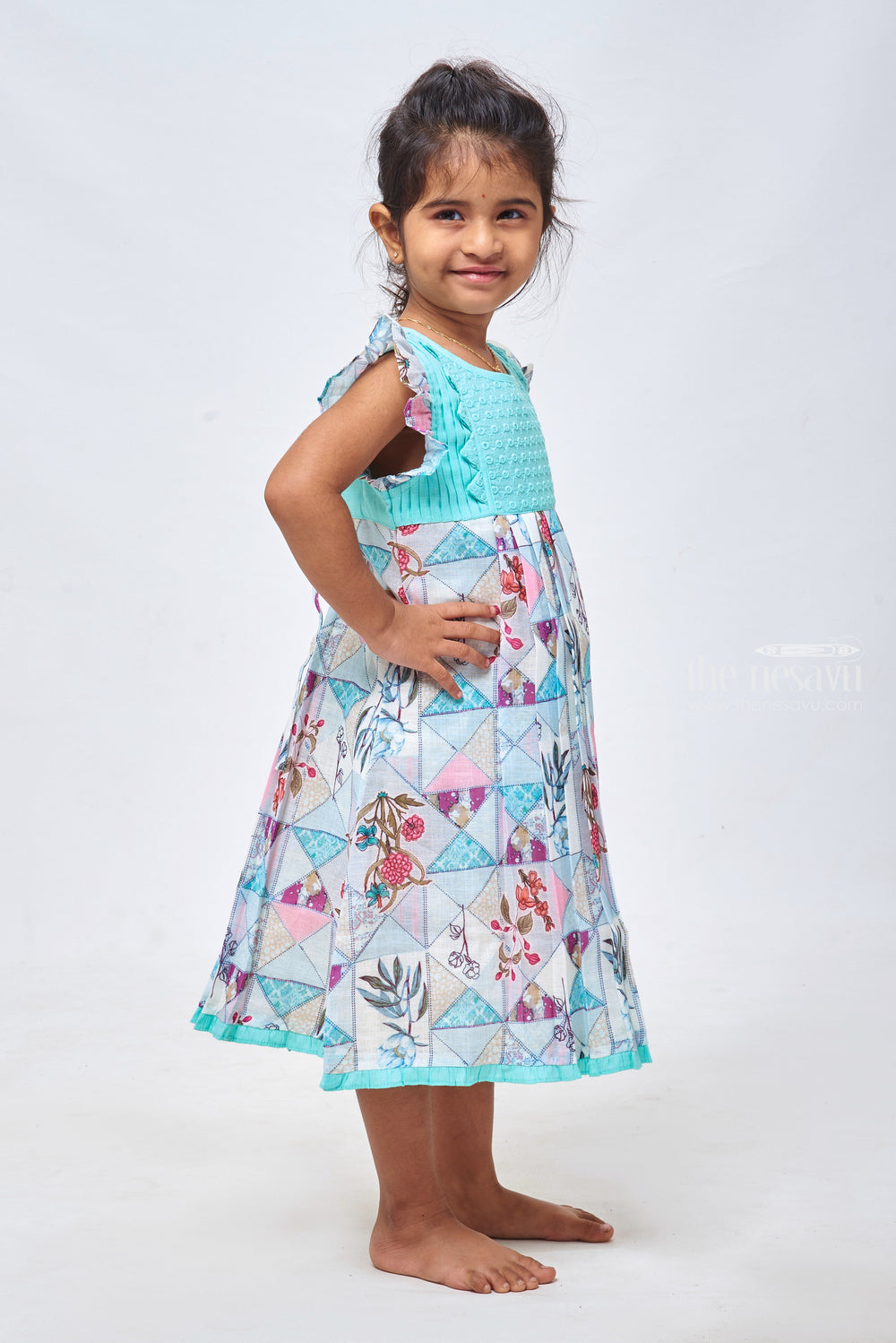 The Nesavu Girls Cotton Frock Geometric Gem: Knief Pleated Blue Cotton Frock for Girls Nesavu Chic & Comfortable: Shop Baby Girl Cotton Frocks and Casual Dresses | The Nesavu