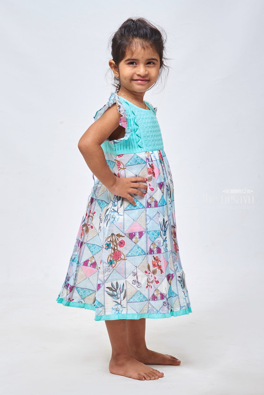 The Nesavu Girls Cotton Frock Geometric Gem: Knief Pleated Blue Cotton Frock for Girls Nesavu Chic & Comfortable: Shop Baby Girl Cotton Frocks and Casual Dresses | The Nesavu