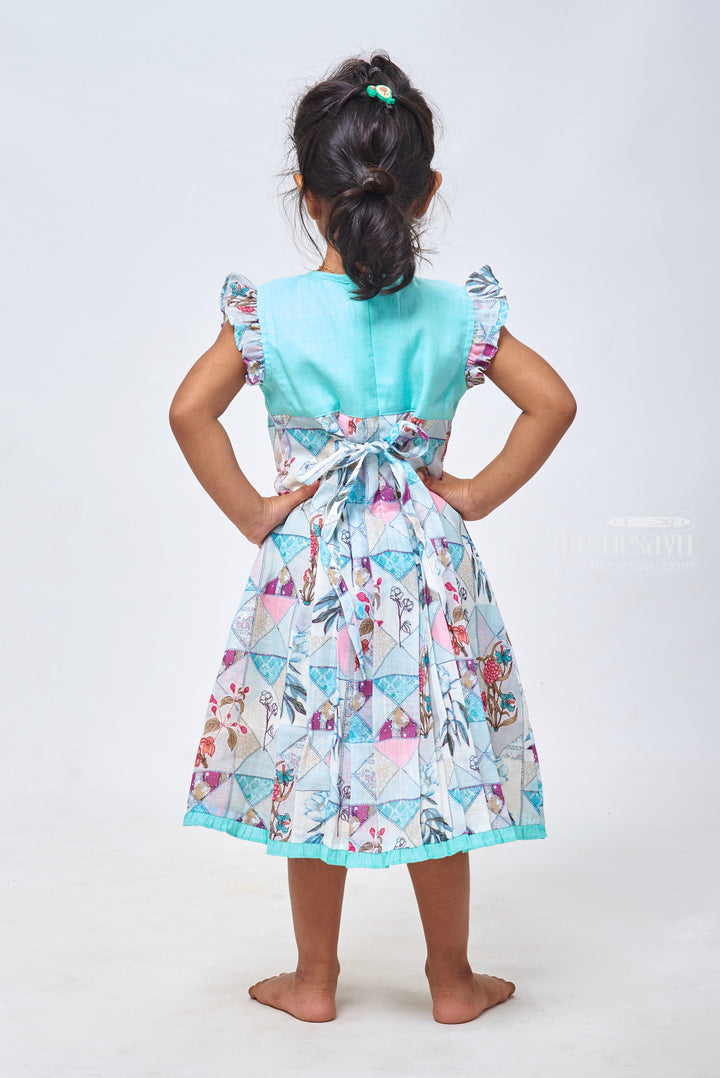 The Nesavu Girls Cotton Frock Geometric Gem: Knief Pleated Blue Cotton Frock for Girls Nesavu Chic & Comfortable: Shop Baby Girl Cotton Frocks and Casual Dresses | The Nesavu