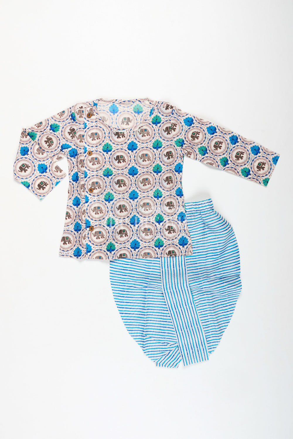 The Nesavu Boys Dothi Set Geometric Print Dhoti Set for Boys Party Ready Style Nesavu 12 (3M) / Blue BES724A-12 Nesavu Boys Multi-Color Printed Dhoti Set Cotton Traditional Functions Elegant Kurta Design