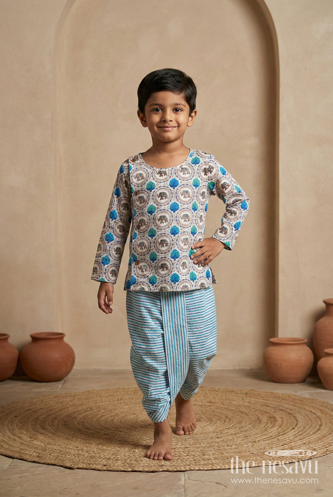 The Nesavu Boys Dothi Set Geometric Print Dhoti Set for Boys Party Ready Style Nesavu 12 (3M) / Blue BES724A-12 Nesavu Boys Multi-Color Printed Dhoti Set Cotton Traditional Functions Elegant Kurta Design