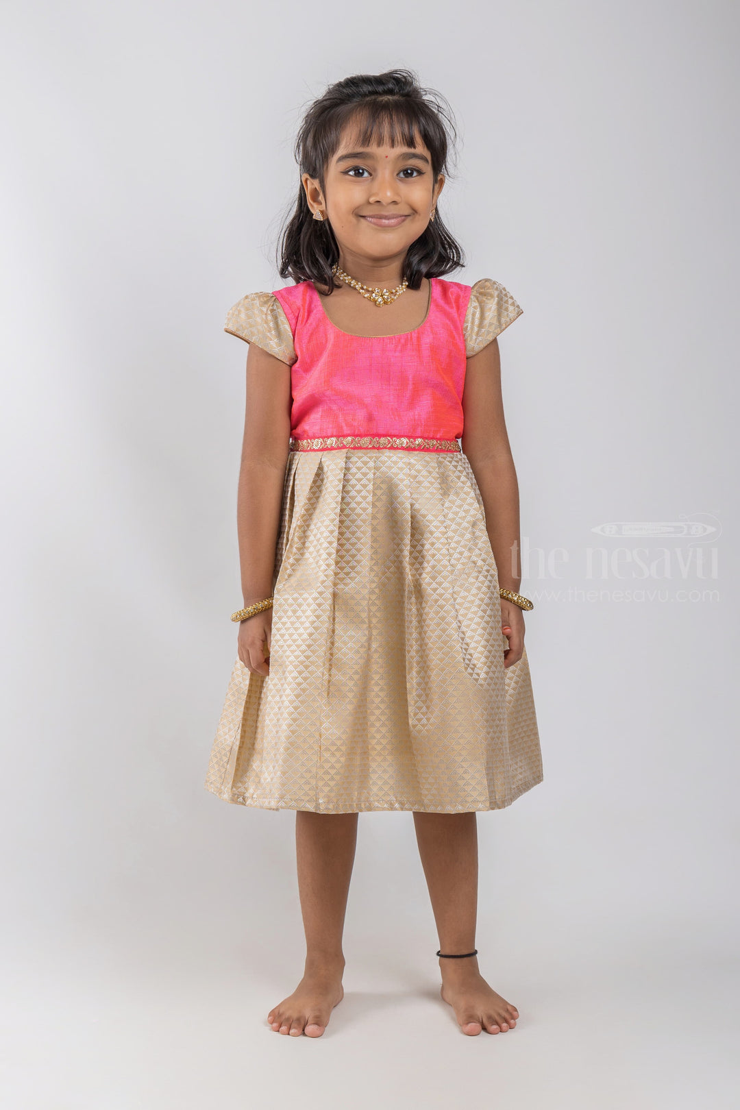 The Nesavu Silk Embroidered Frock Geometrical Designer Knife Pleated Beige Silk Frock with Pink Yoke for Girls psr silks Nesavu 16 (1Y) / Beige / Semi Silk SF632