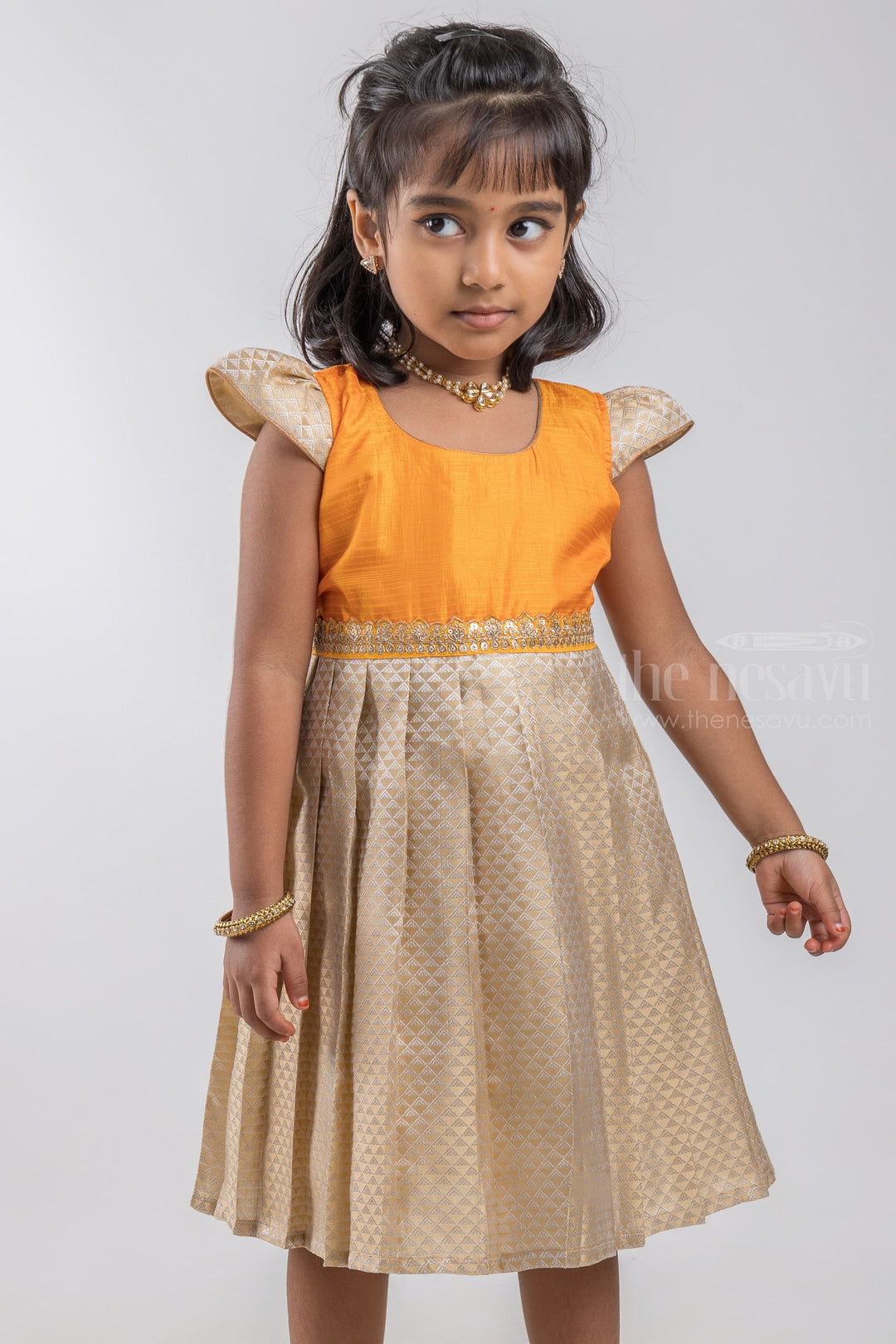 The Nesavu Silk Embroidered Frock Geometrical Designer Knife Pleated Gray Silk Frock with Orange Yoke for Girls psr silks Nesavu 16 (1Y) / Gray / Semi Silk SF623