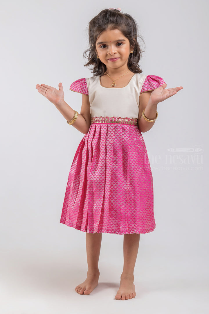 The Nesavu Silk Embroidered Frock Geometrical Designer Knife Pleated Pink Silk Frock with White Yoke for Girls psr silks Nesavu 16 (1Y) / Pink / Semi Silk SF620