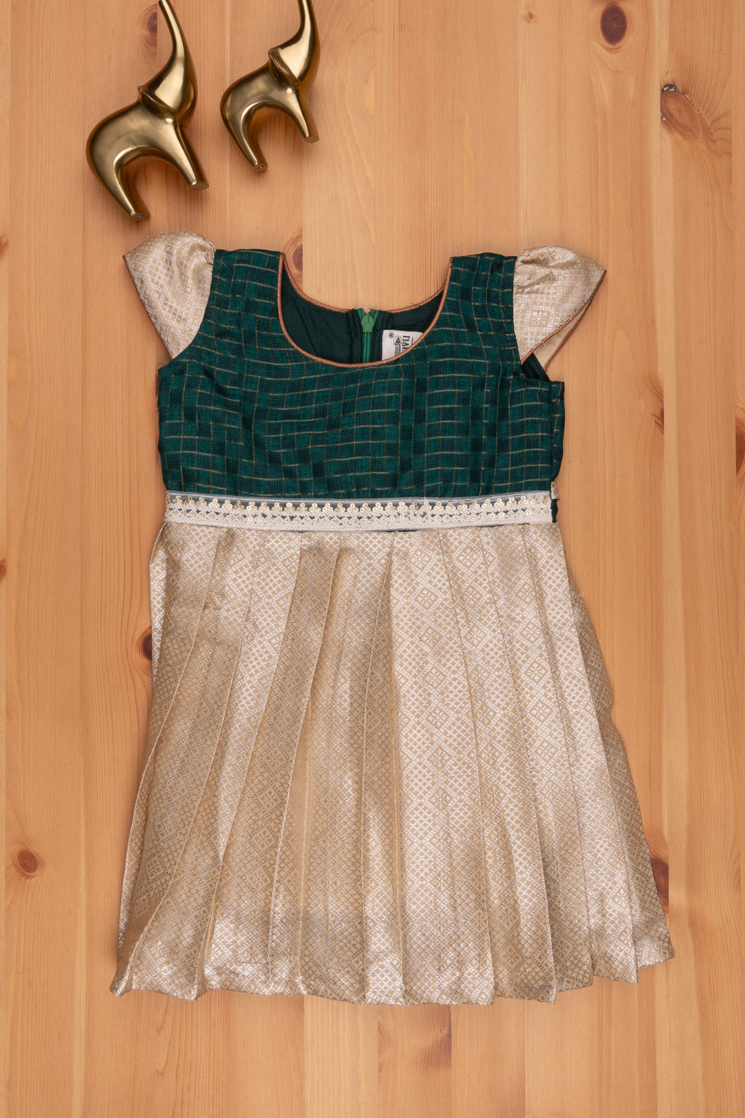 The Nesavu Silk Frock Geometrical Designer Pattu dress in Beige with Checkered Design Green Yoke Nesavu 16 (1Y) / Beige SF655-16 Traditional Silk Frocks | Premium Silk Frock Collection | The Nesavu