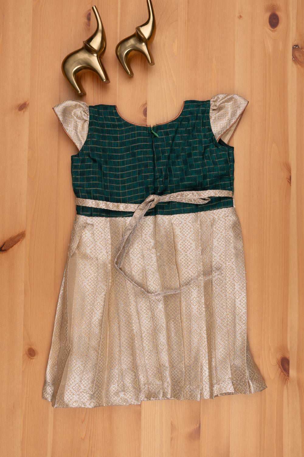 The Nesavu Silk Frock Geometrical Designer Pattu dress in Beige with Checkered Design Green Yoke Nesavu Traditional Silk Frocks | Premium Silk Frock Collection | The Nesavu