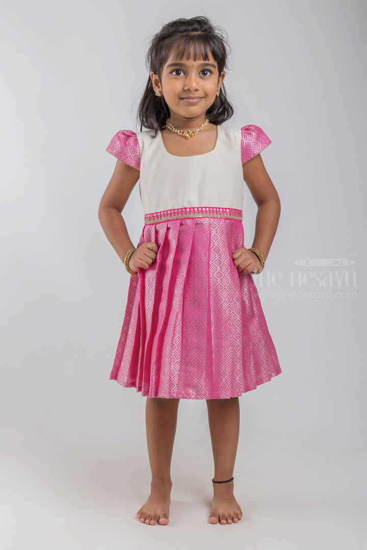 The Nesavu Silk Embroidered Frock Geometrical Designer Pink Classic Reshme Dress for Girls psr silks Nesavu 16 (1Y) / Pink / Semi Silk SF640