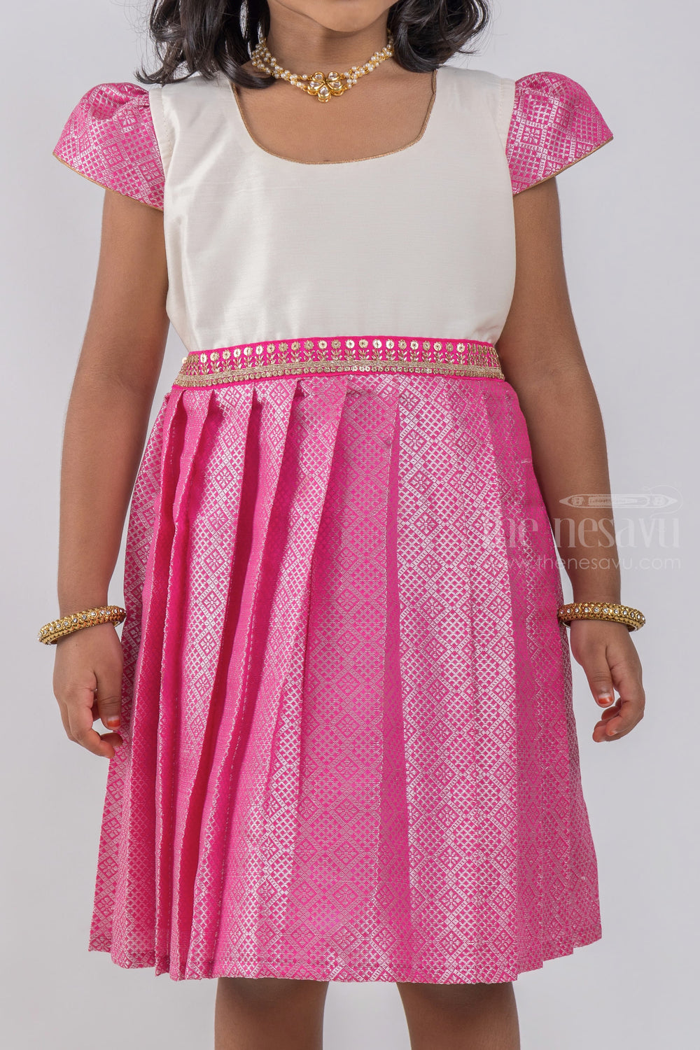 The Nesavu Silk Embroidered Frock Geometrical Designer Pink Classic Reshme Dress for Girls psr silks Nesavu