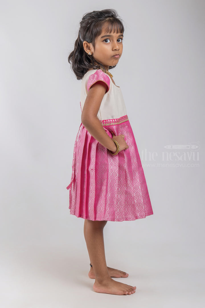 The Nesavu Silk Embroidered Frock Geometrical Designer Pink Classic Reshme Dress for Girls psr silks Nesavu