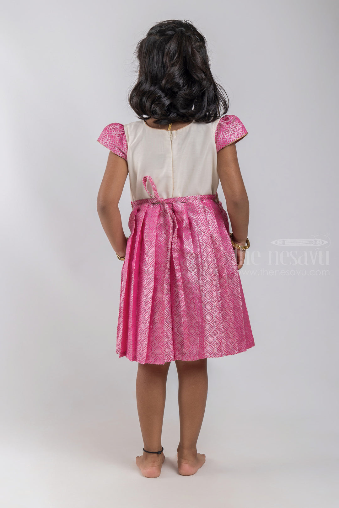 The Nesavu Silk Embroidered Frock Geometrical Designer Pink Classic Reshme Dress for Girls psr silks Nesavu