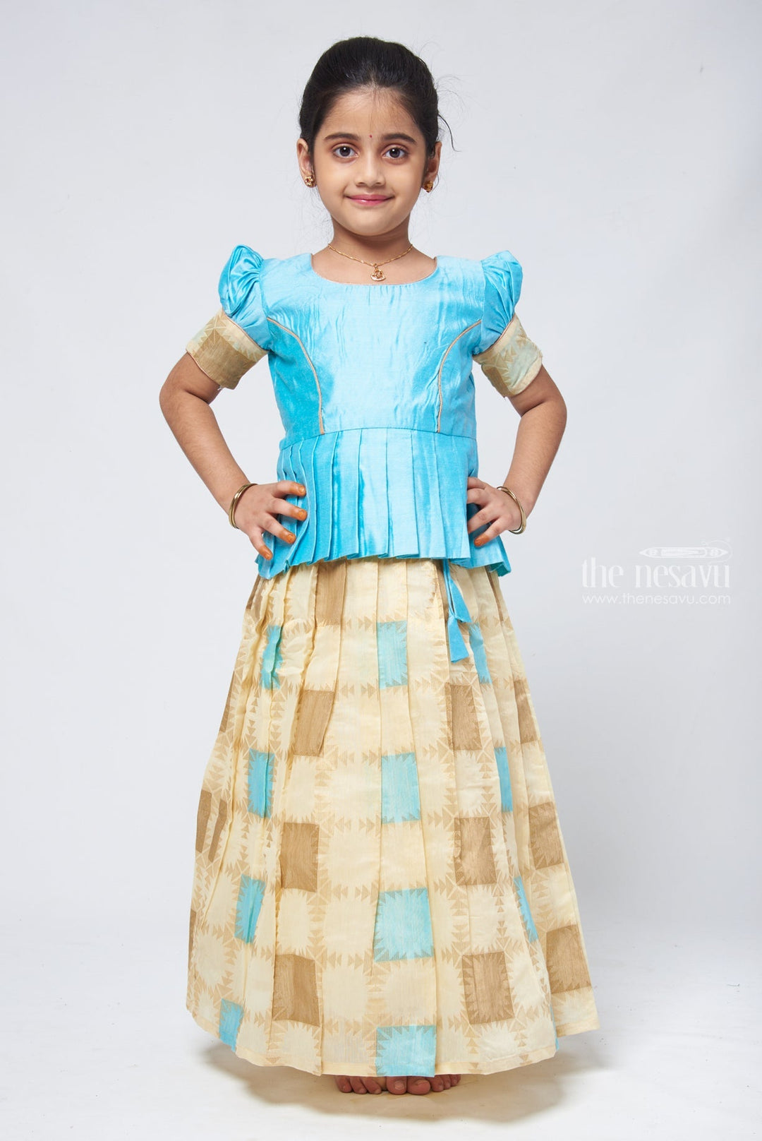 The Nesavu Pattu Pavadai Geometrical Designer Pleated Skirt and Blue Jacquard Silk Blouse Nesavu 16 (1Y) / Blue GPP289B-16 Pattu Pavadai Latest Designs | Girls Traditional Dress | The Nesavu