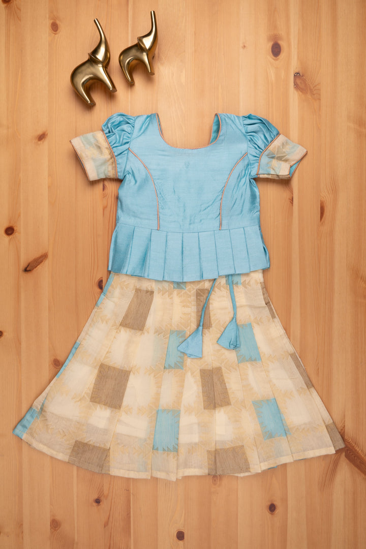 The Nesavu Pattu Pavadai Geometrical Designer Pleated Skirt and Blue Jacquard Silk Blouse Nesavu 16 (1Y) / Blue GPP289B Pattu Pavadai Latest Designs | Girls Traditional Dress | The Nesavu
