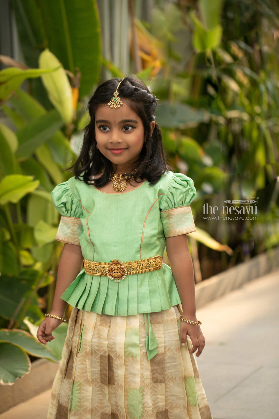 The Nesavu Pattu Pavadai Geometrical Designer Pleated Skirt and Green Jacquard Silk Blouse Nesavu 16 (1Y) / Green GPP289C-16 Pattu Pavadai New Designs | Girls Traditional Dress | The Nesavu