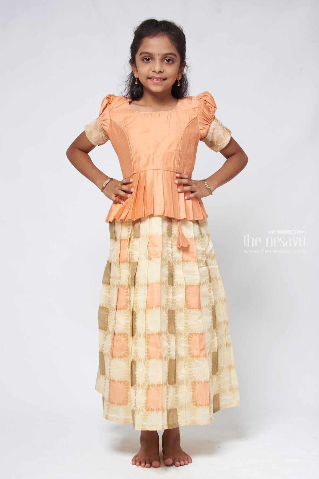 The Nesavu Pattu Pavadai Geometrical Designer Pleated Skirt and Orange Jacquard Silk Blouse Nesavu 16 (1Y) / Orange GPP289D-16 Pattu Pavadai New Design | Girls Traditional Dress | The Nesavu