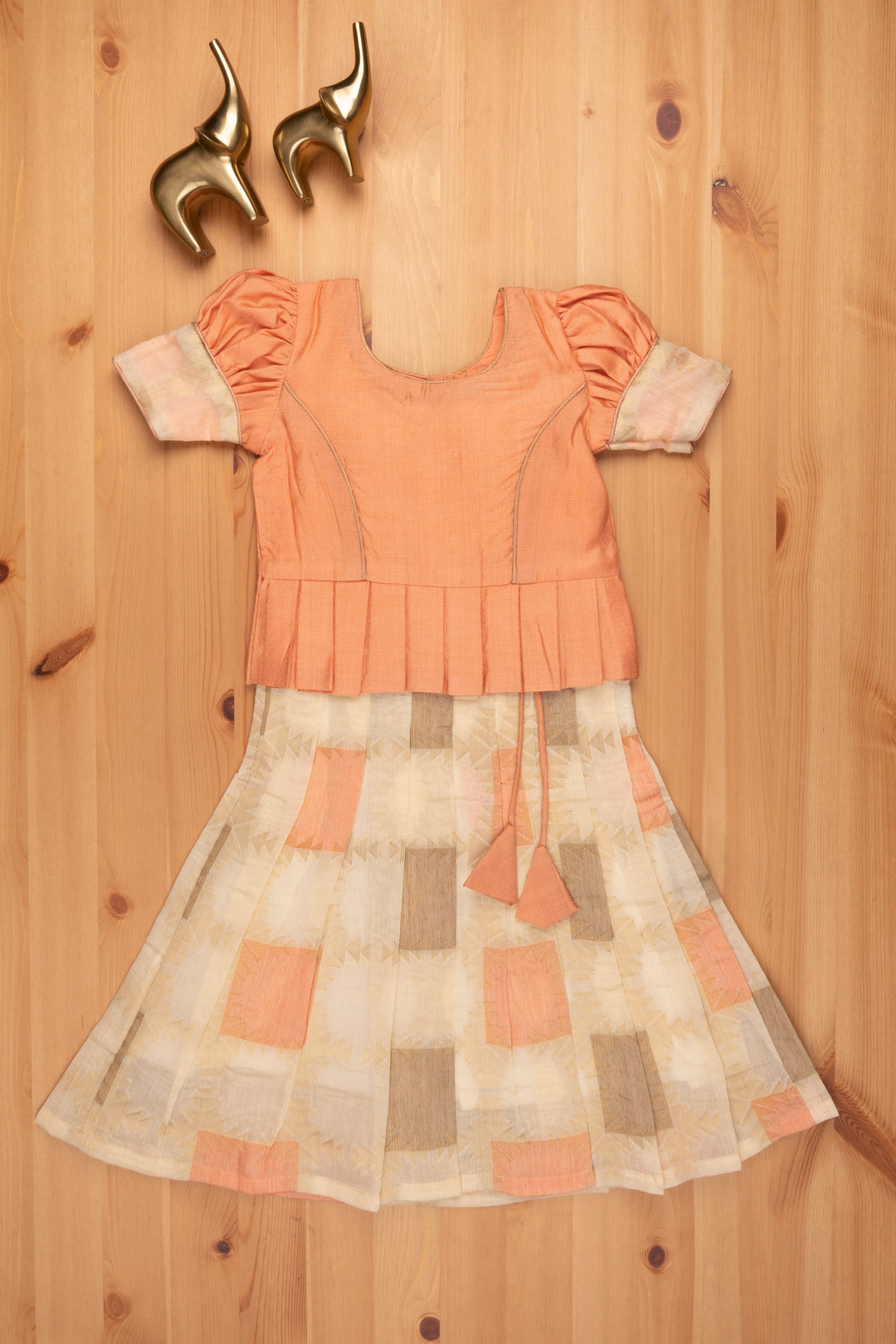 The Nesavu Pattu Pavadai Geometrical Designer Pleated Skirt and Orange Jacquard Silk Blouse Nesavu 16 (1Y) / Orange GPP289D Pattu Pavadai New Design | Girls Traditional Dress | The Nesavu