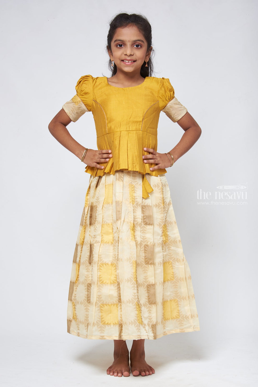 The Nesavu Pattu Pavadai Geometrical Designer Pleated Skirt and Yellow Jacquard Silk Blouse Nesavu 16 (1Y) / Yellow GPP289A-16 Pattu Pavadai Latest Design | Girls Traditional Dress | The Nesavu