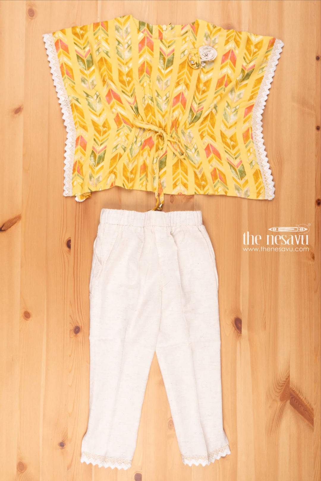 The Nesavu Girls Sharara / Plazo set Geometrical & Foil Printed Yellow Kaftan Top & Half White Pant: Trendy Fusion for Girls Nesavu 18 (2Y) / Yellow / Cotton GPS176A-18 Geometric Printed Dreeses for Girls | Kaftan Top With Straight Pant | the Nesavu